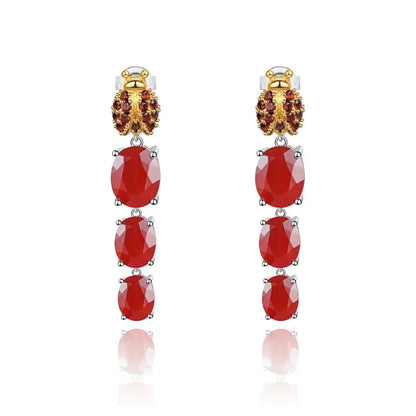 GRACE Oval Red Agate Ladybug Drop Earrings in Sterling Silver