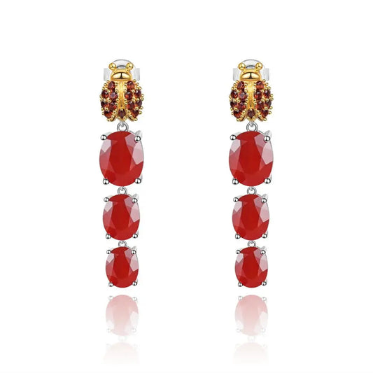 GRACE Oval Red Agate Ladybug Drop Earrings in Sterling Silver