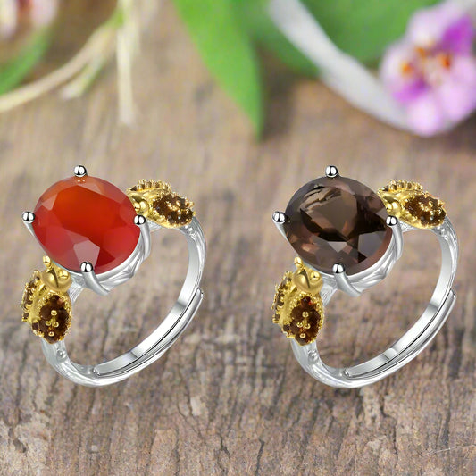 GRACE Oval Red Agate Smoky Quartz Ladybug Adjustable Ring in Sterling Silver