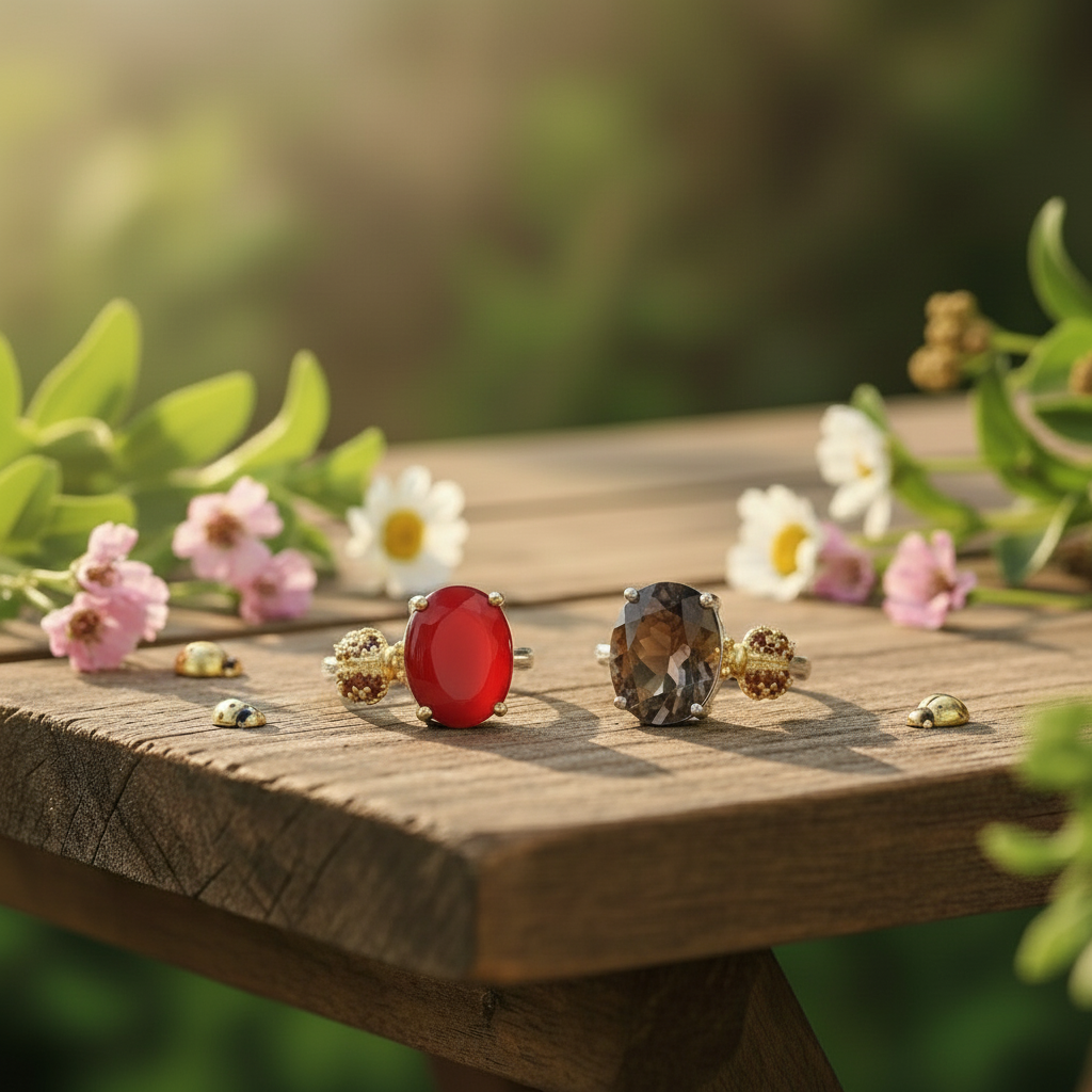 GRACE Oval Gemstone Ladybug Adjustable Ring in Sterling Silver