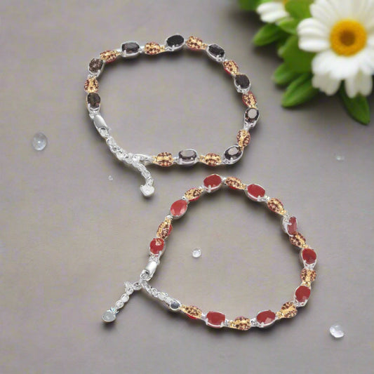 GRACE Oval Red Agate Smoky Quartz Ladybug Bracelet in Sterling Silver