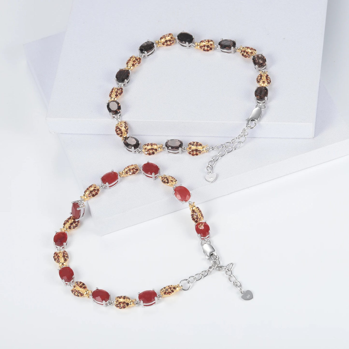 GRACE Oval Smoky Quartz Ladybug Bracelet in Sterling Silver