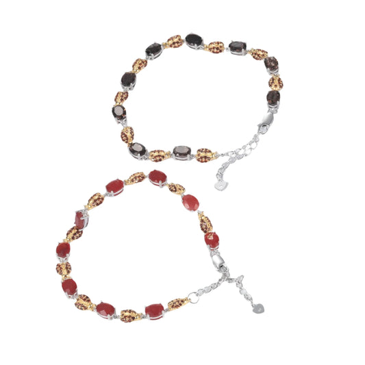 GRACE Oval Red Agate Smoky Quartz Ladybug Bracelet in Sterling Silver