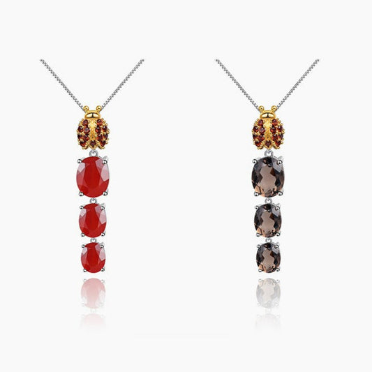 Collier avec pendentif coccinelle en agate rouge ovale et quartz fumé GRACE en argent sterling