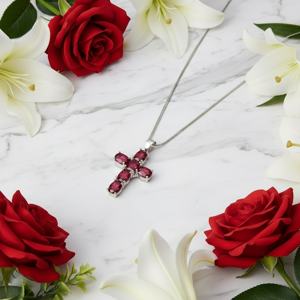 GRACE Oval Multi-Stone Cross Necklace in Sterling Silver