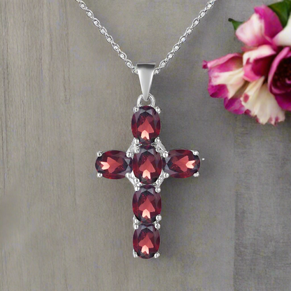 GRACE Oval Red Garnet Multi-Stone Cross Necklace in Sterling Silver