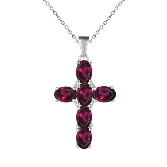 GRACE Oval Rhodolite Garnet Multi-Stone Cross Necklace in Sterling Silver