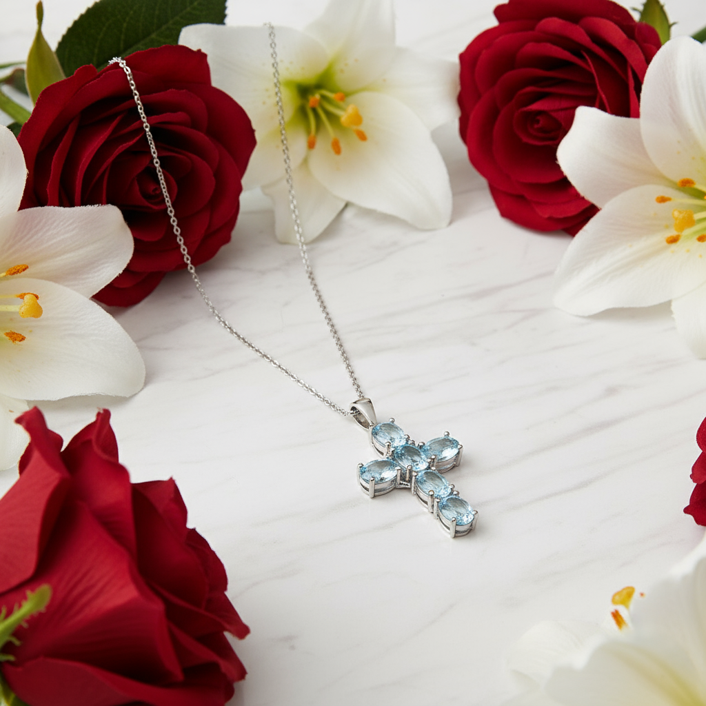 GRACE Oval Multi-Stone Cross Necklace in Sterling Silver