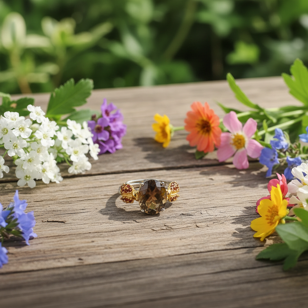 GRACE Oval Gemstone Ladybug Adjustable Ring in Sterling Silver