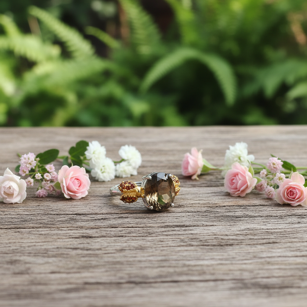 GRACE Oval Gemstone Ladybug Adjustable Ring in Sterling Silver