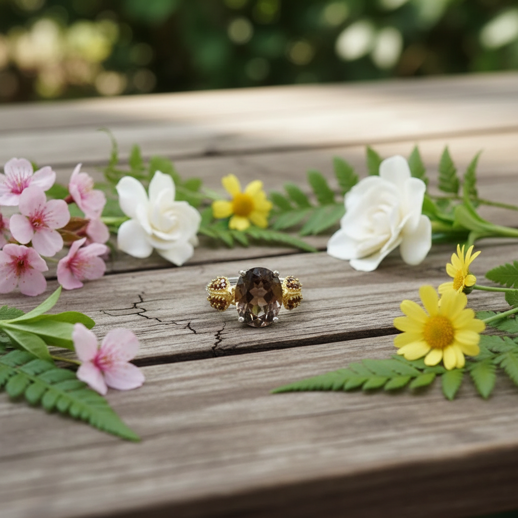 GRACE Oval Gemstone Ladybug Adjustable Ring in Sterling Silver