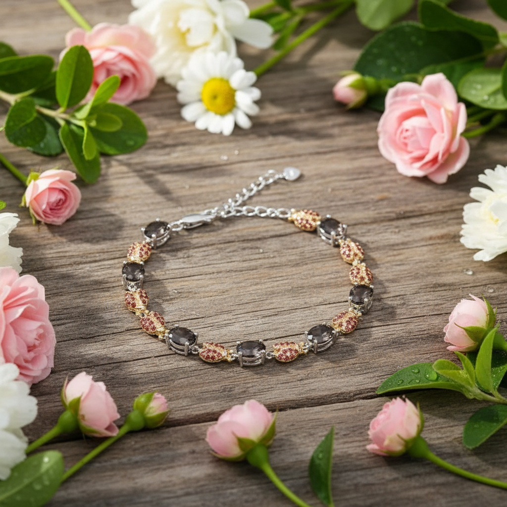 GRACE Oval Smoky Quartz Ladybug Bracelet in Sterling Silver