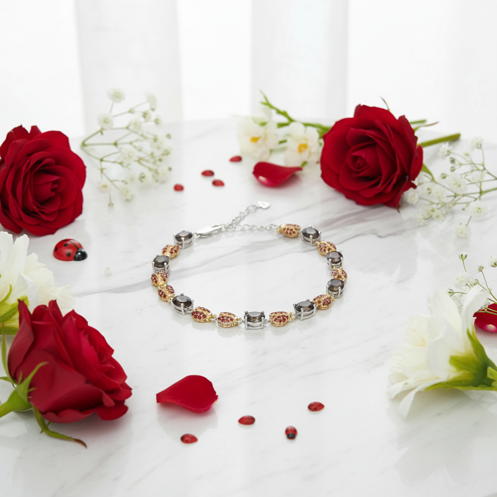 GRACE Oval Smoky Quartz Ladybug Bracelet in Sterling Silver