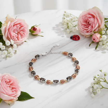 GRACE Oval Smoky Quartz Ladybug Bracelet in Sterling Silver