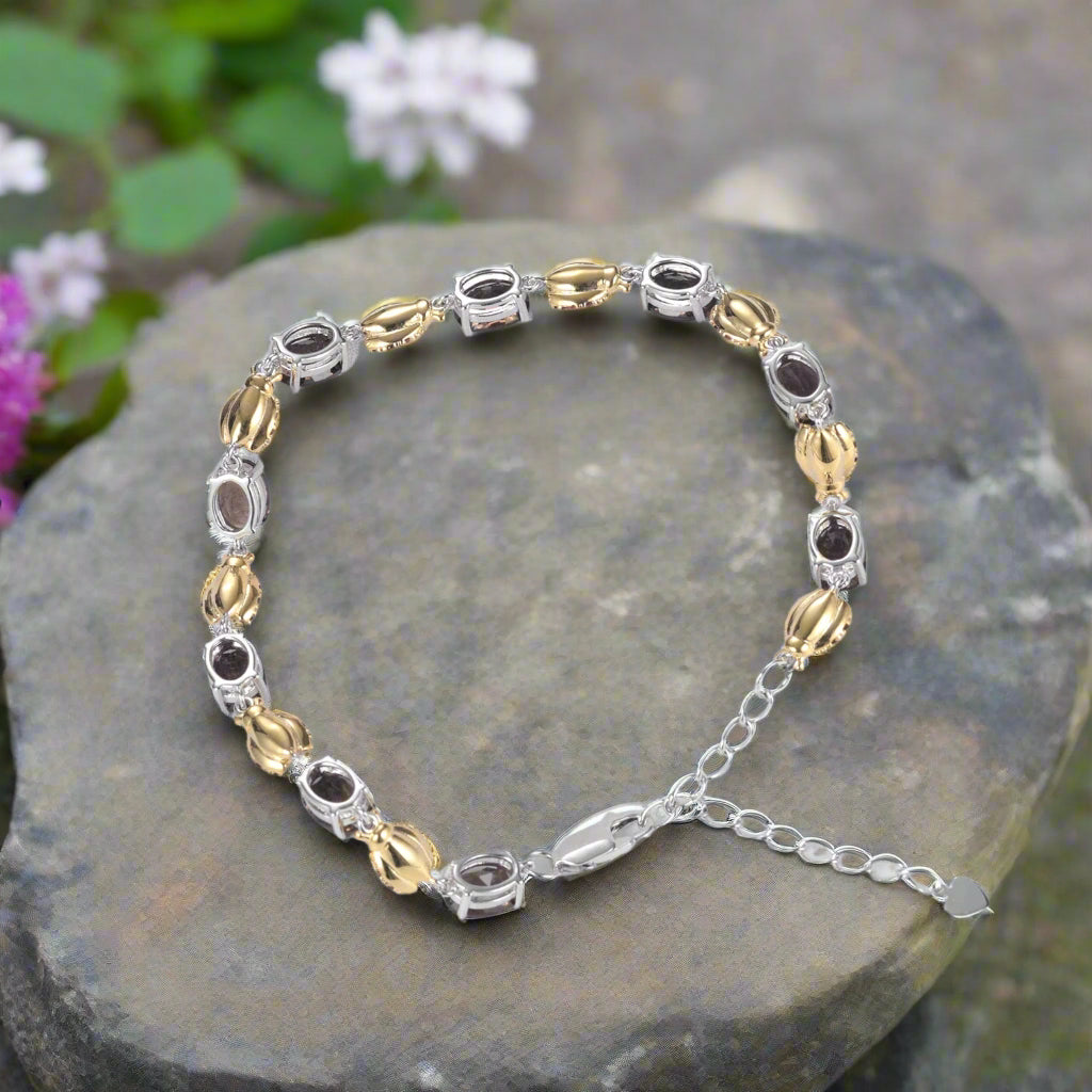 GRACE Oval Smoky Quartz Ladybug Bracelet in Sterling Silver