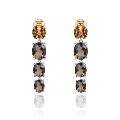 GRACE Oval Smoky Quartz Ladybug Drop Earrings in Sterling Silver
