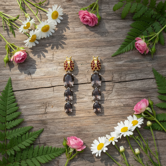 GRACE Oval Smoky Quartz Ladybug Earrings in Sterling Silver