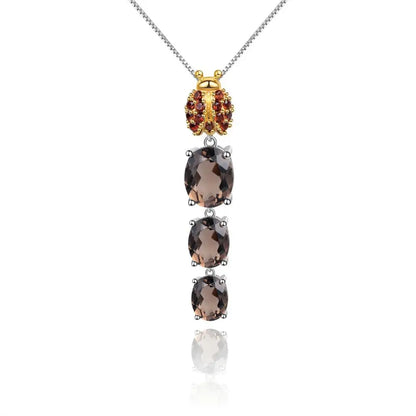 GRACE Oval Smoky Quartz Ladybug Pendant Necklace in Sterling Silver