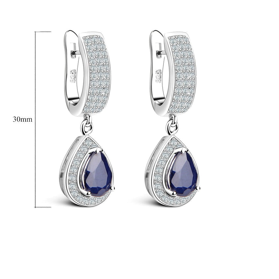 GRACE Halo Pear Cut Sapphire Drop Earrings in Sterling Silver