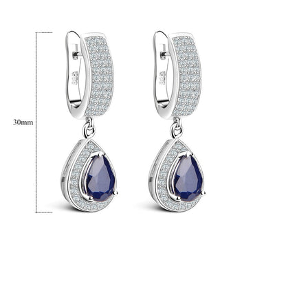 GRACE Halo Pear Cut Sapphire Drop Earrings in Sterling Silver
