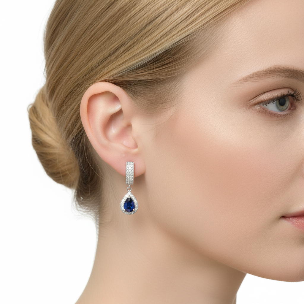 GRACE Halo Pear Cut Sapphire Drop Earrings in Sterling Silver