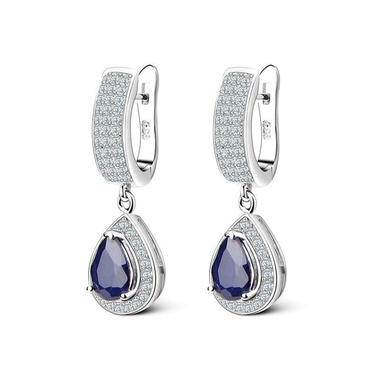 GRACE Halo Pear Cut Sapphire Drop Earrings in Sterling Silver