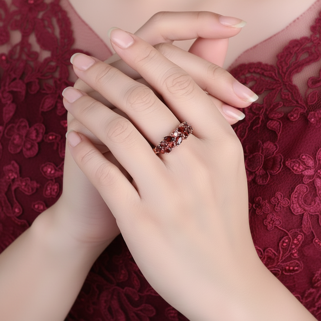 GRACE Red Garnet Band Ring in Rose Gold Sterling Silver