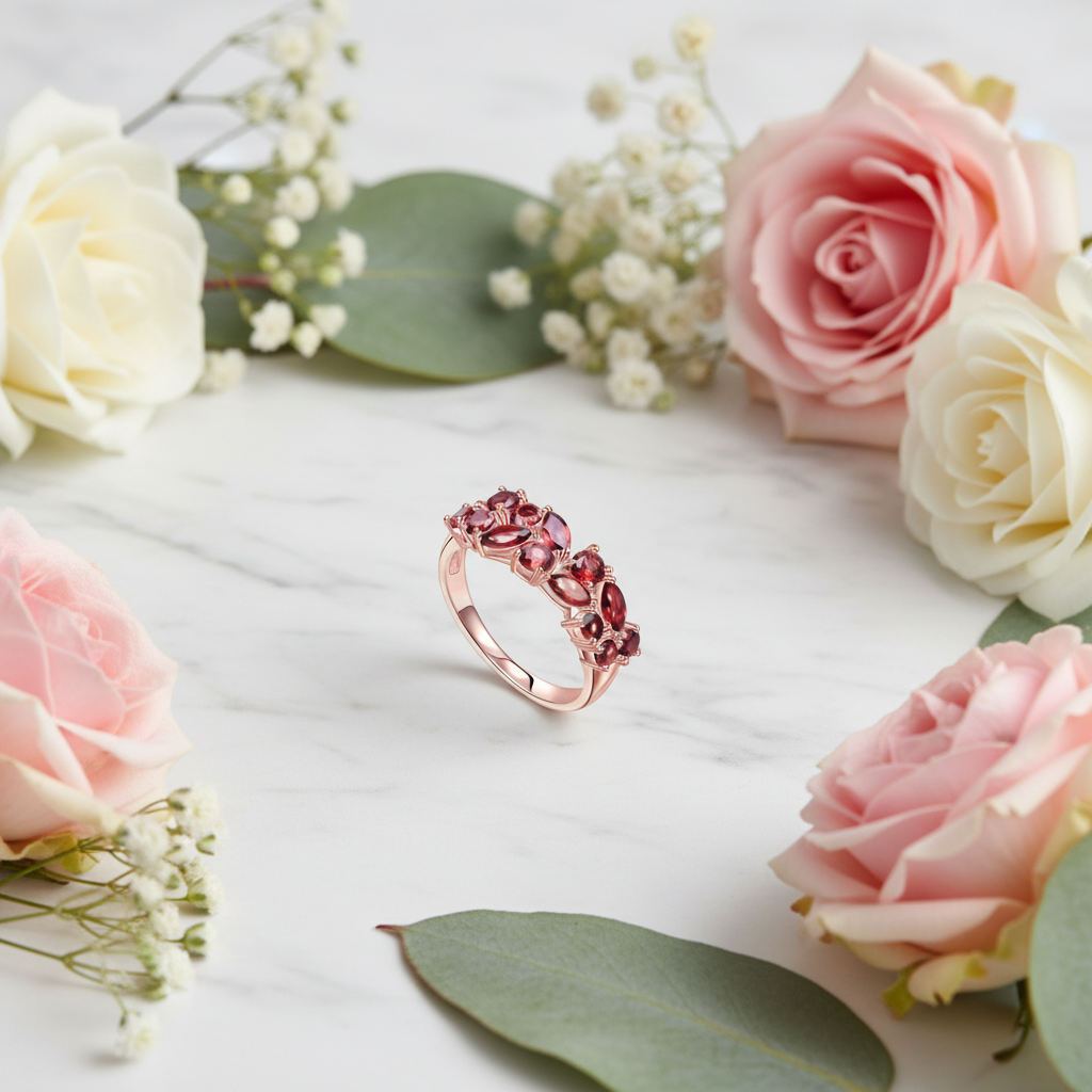 GRACE Red Garnet Band Ring in Rose Gold Sterling Silver