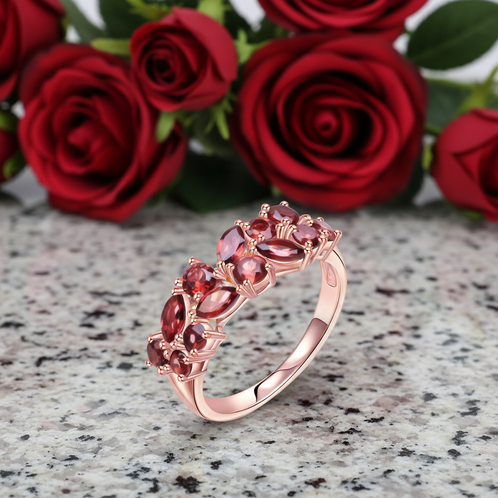 GRACE Red Garnet Band Ring in Rose Gold Sterling Silver