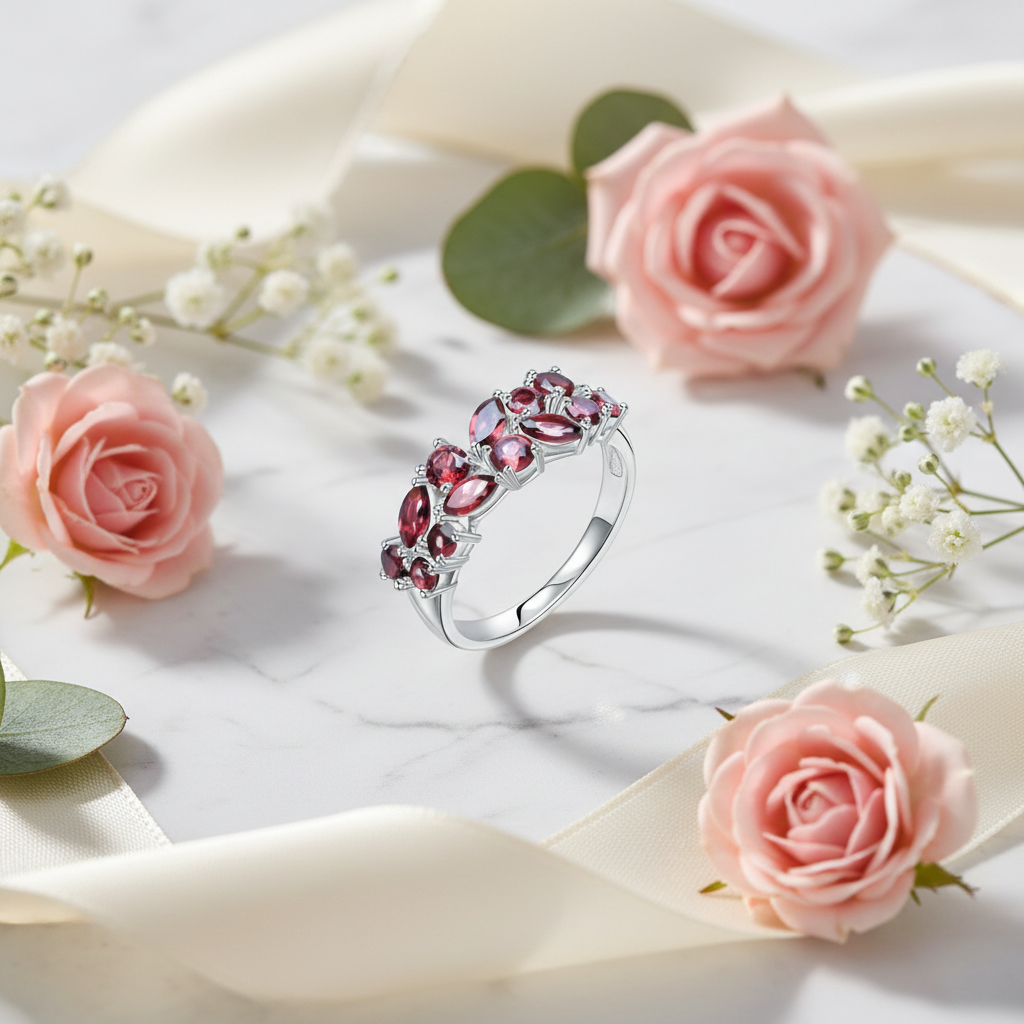 GRACE Red Garnet Band Ring in Rose Gold Sterling Silver