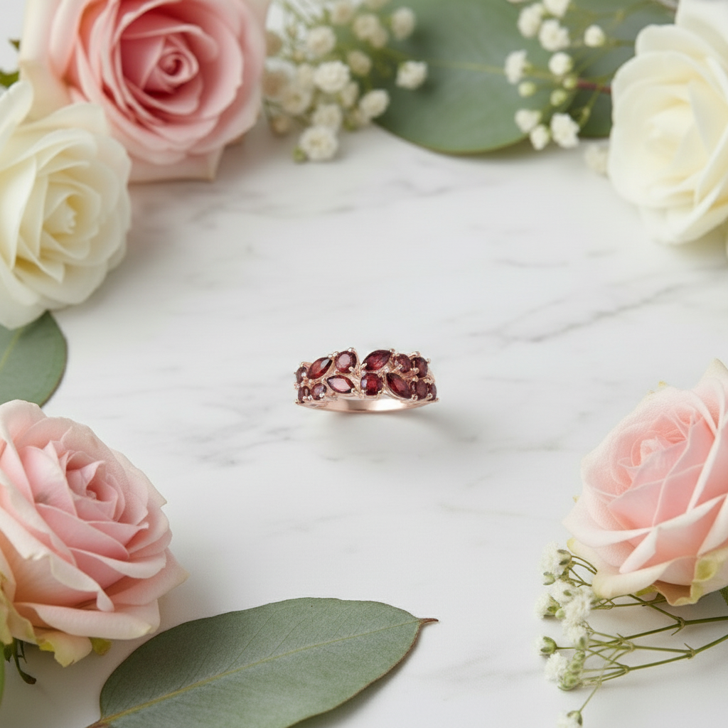 GRACE Red Garnet Band Ring in Rose Gold Sterling Silver
