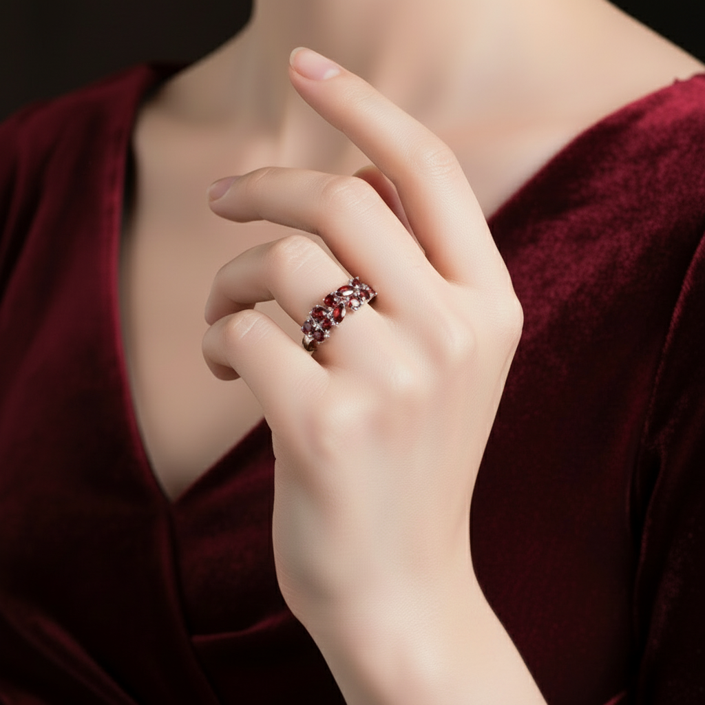 GRACE Red Garnet Band Ring in Rose Gold Sterling Silver