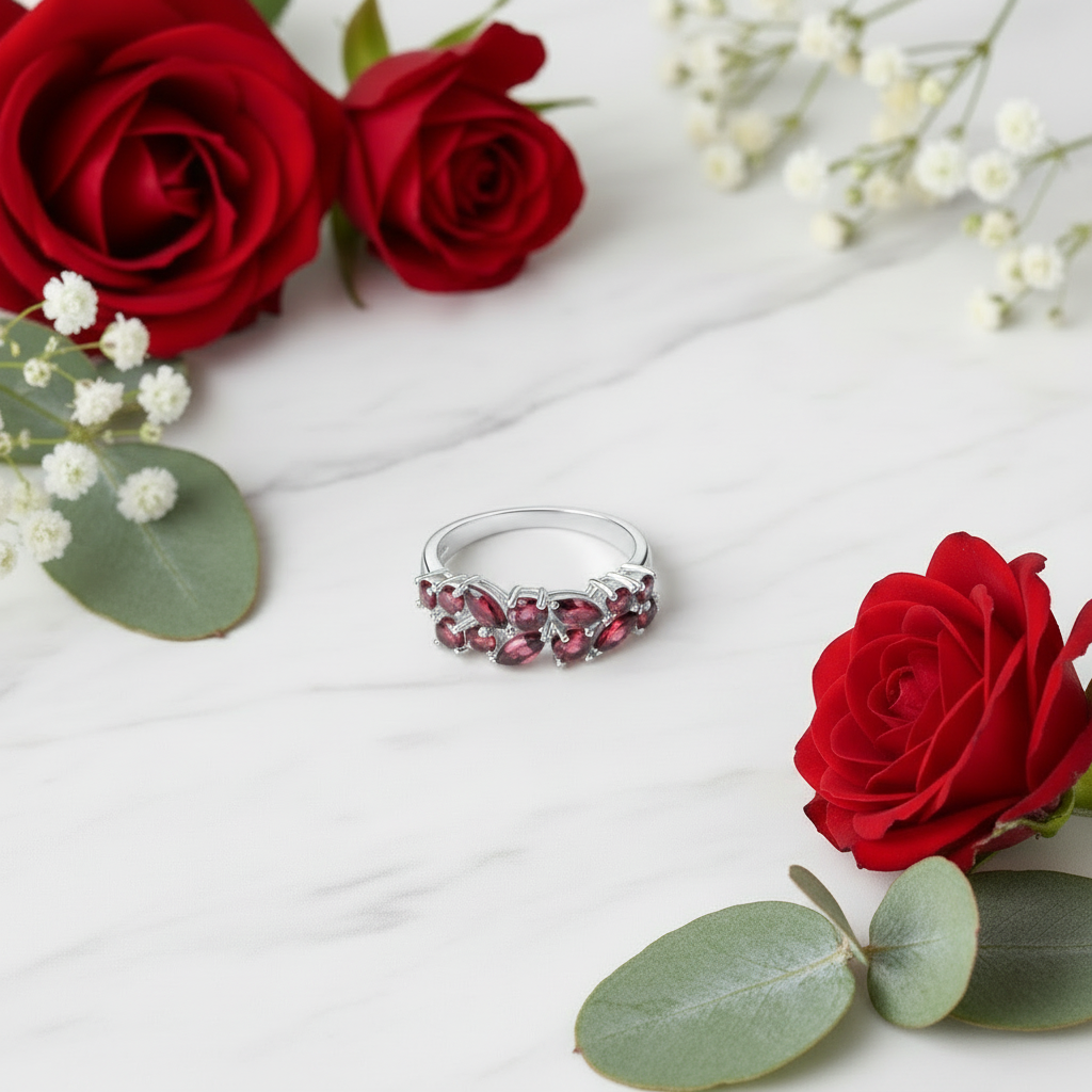 GRACE Red Garnet Band Ring in Rose Gold Sterling Silver
