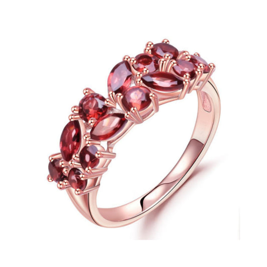 GRACE Red Garnet Cluster Band Ring in Rose Gold Sterling Silver