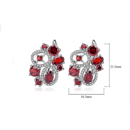 Conjunto de pendientes y anillos con flor de granate rojo GRACE en plata de ley