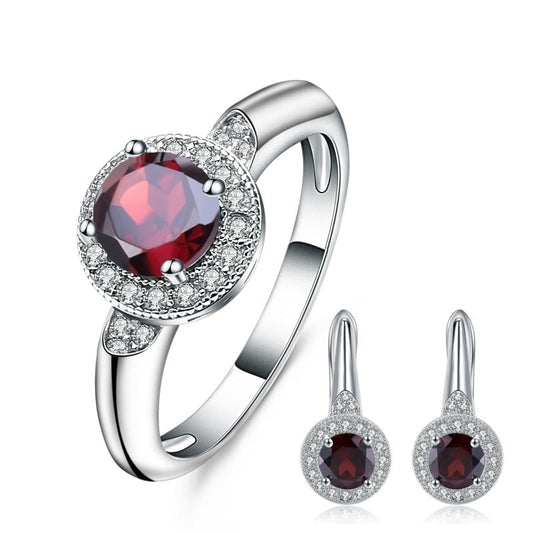 GRACE Red Garnet Halo Earrings Ring Set in Sterling Silver