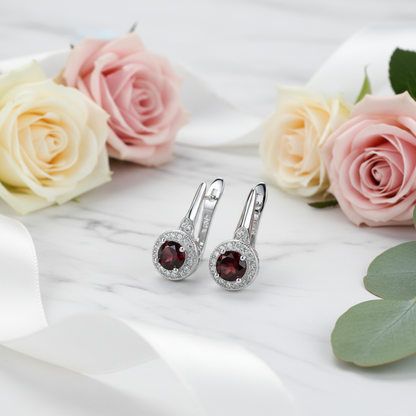 GRACE Red Garnet Halo Earrings Ring Set in Sterling Silver