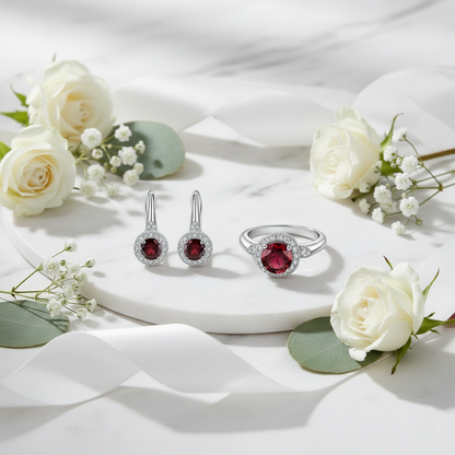 GRACE Red Garnet Halo Earrings Ring Set in Sterling Silver