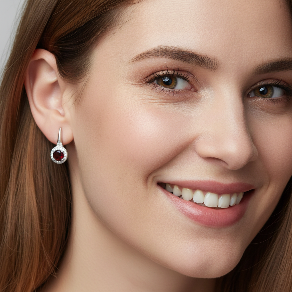 GRACE Red Garnet Halo Earrings Ring Set in Sterling Silver