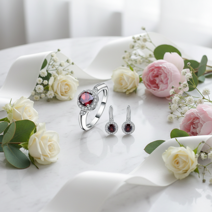 GRACE Red Garnet Halo Earrings Ring Set in Sterling Silver