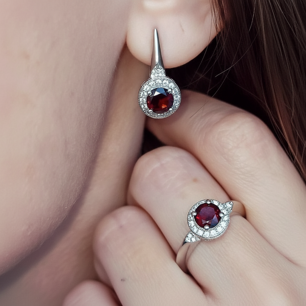 GRACE Red Garnet Halo Earrings Ring Set in Sterling Silver