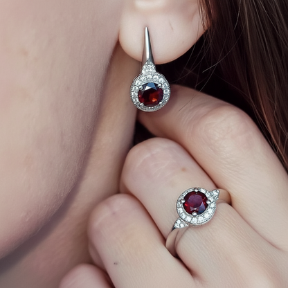 GRACE Red Garnet Halo Earrings Ring Set in Sterling Silver