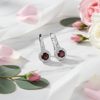 GRACE Red Garnet Halo Earrings Ring Set in Sterling Silver