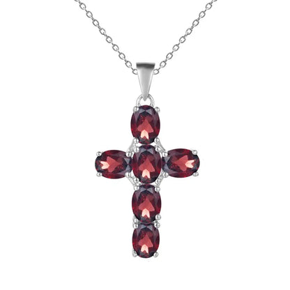 GRACE Oval Red Garnet Multi-Stone Cross Necklace in Sterling Silver