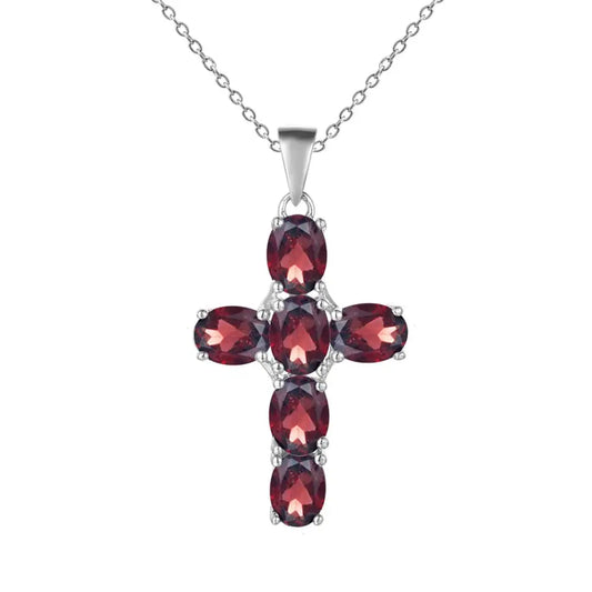 GRACE Oval Red Garnet Multi-Stone Cross Necklace in Sterling Silver