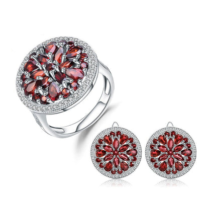 GRACE Red Garnet Round Cluster Earrings Ring Set in Sterling Silver