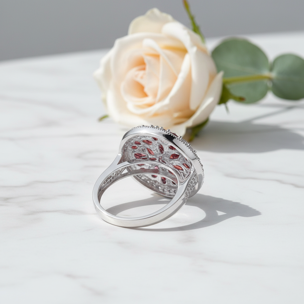 GRACE Red Garnet Round Cluster Earrings Ring Set in Sterling Silver