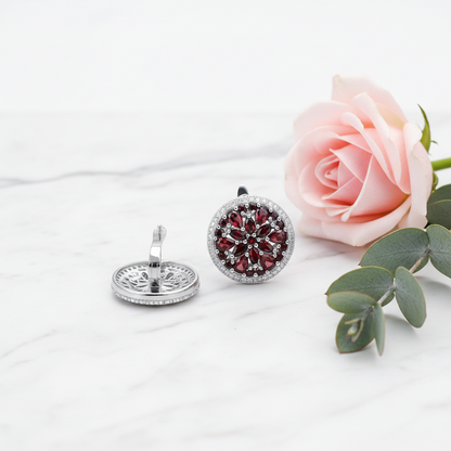 GRACE Red Garnet Round Cluster Earrings Ring Set in Sterling Silver