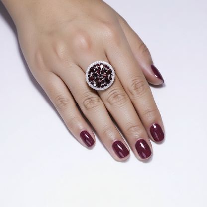 GRACE Red Garnet Round Cluster Earrings Ring Set in Sterling Silver