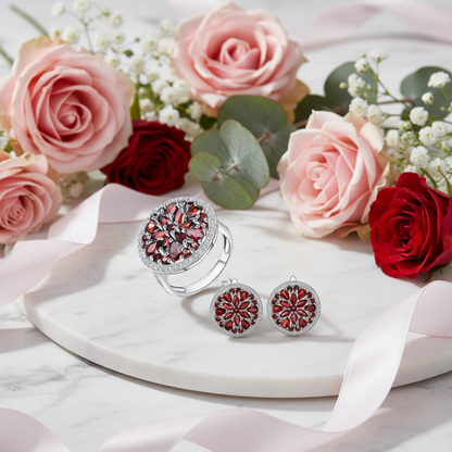 GRACE Red Garnet Round Cluster Earrings Ring Set in Sterling Silver